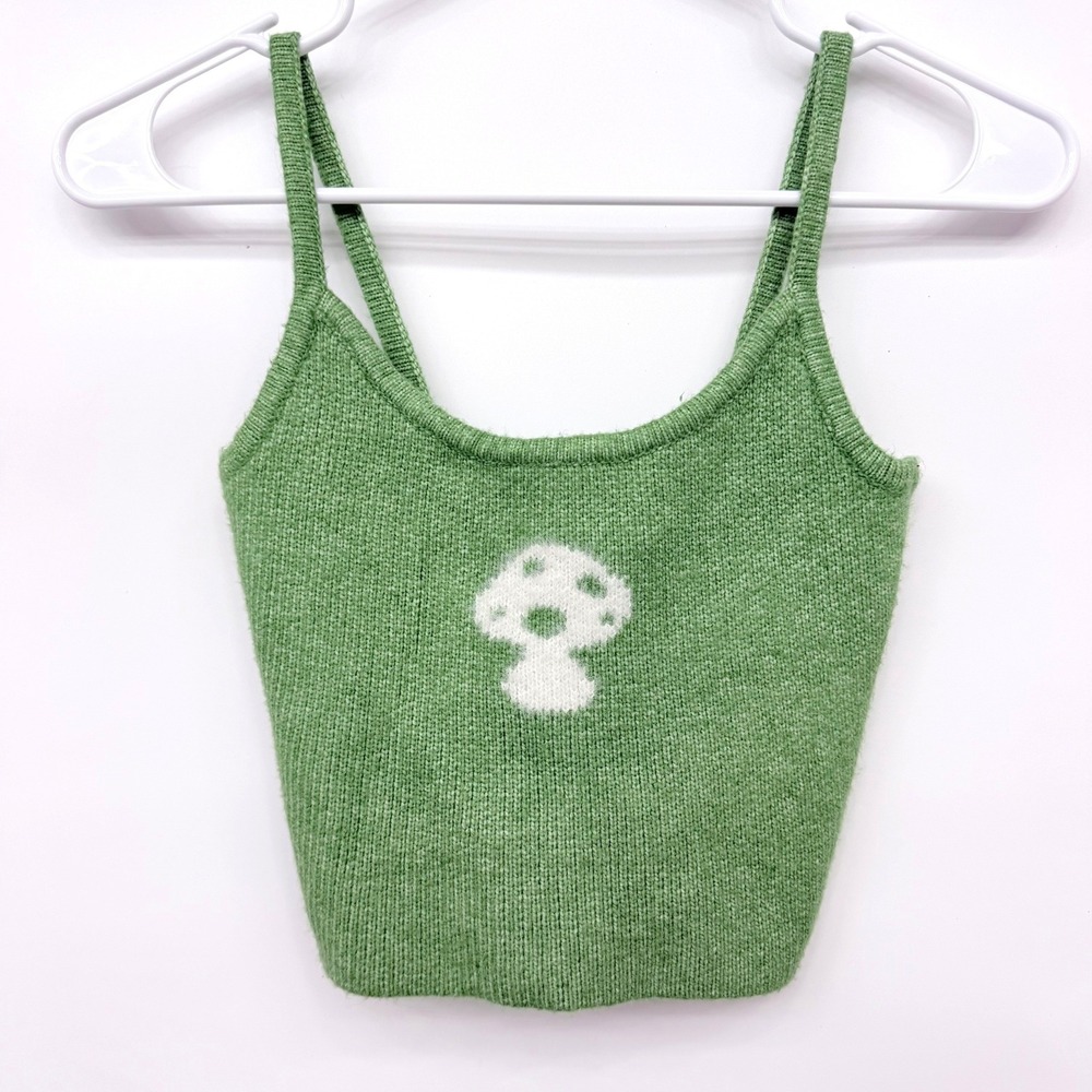LA Hearts Pac Sun Mushroom Knit Whimsical Camisole Crop Top Womens XS Green